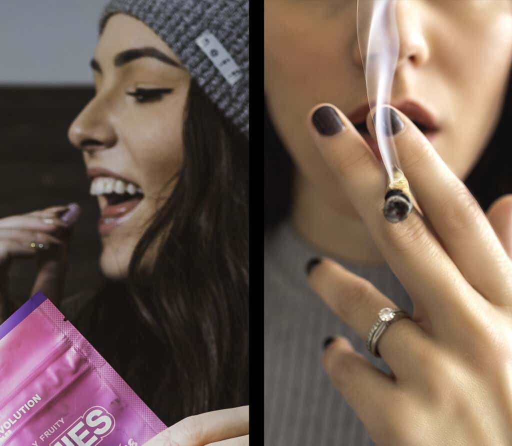 A woman eating an edible gummy on the left and a woman smoking a joint on the right - separated by a black line. 