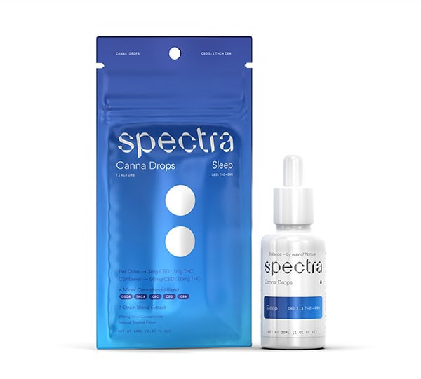 A SPECTRA CANNA DROPS Sleep formula package on a white background.
