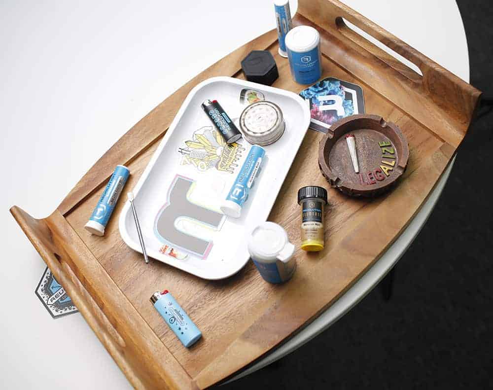 A rolling tray with everything needed to roll a joint.